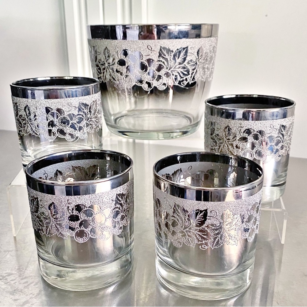 DOROTHY THORPE ☆ MCM Silver Grape Lusterware ☆ 4 Rocks Glasses & Ice Bucket